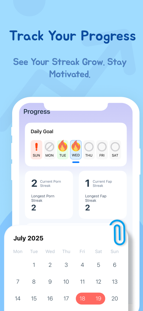 RewireBuddy: Quit Porn Now - RewireBuddy app interface showing daily goal streaks and a recovery progress calendar.