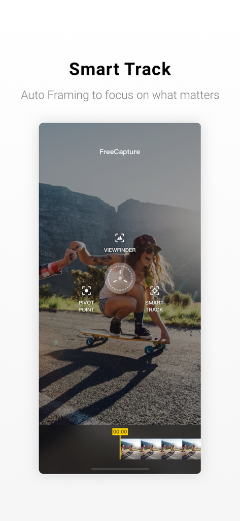 Insta360 ONE X - Interface of the Insta360 ONE X app showing the Smart Track feature for auto-framing on a video of a person skateboarding