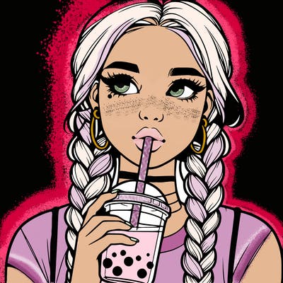 realistic girl with braided hair drinking boba