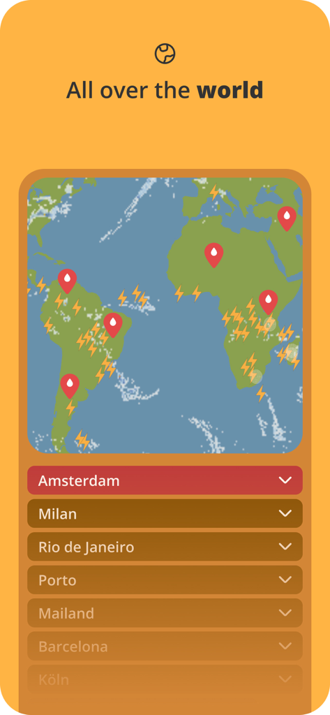 Lightning Alarm - Lightning Alarm app showing a global map with live lightning strikes and a list of major cities