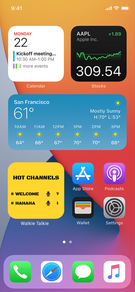 Walkie Talkie app widget on an iOS home screen displaying trending voice channels