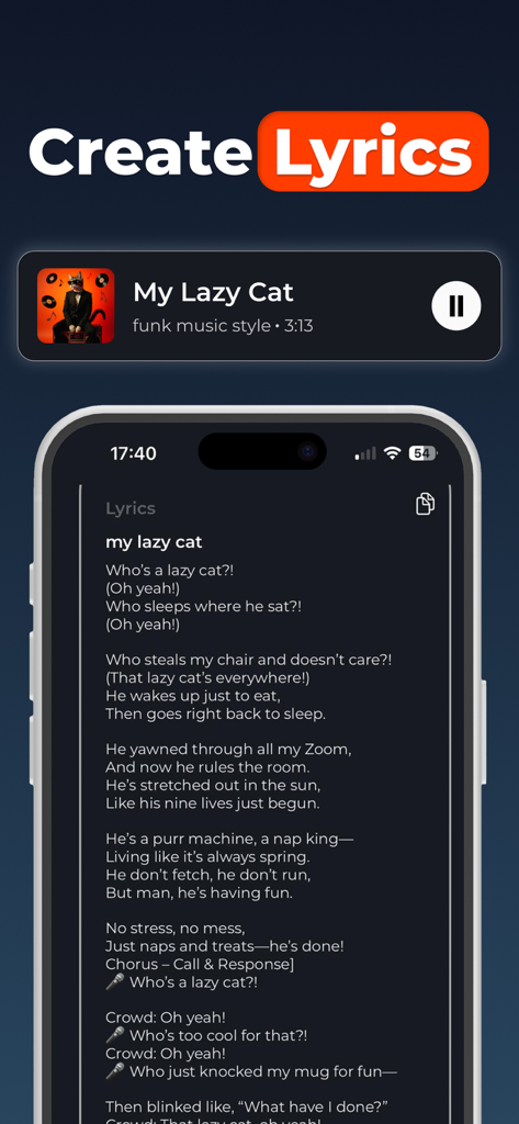 AI Song Generator - Rexa - Smartphone displaying AI generated lyrics for a funk style song titled My Lazy Cat in the Rexa app