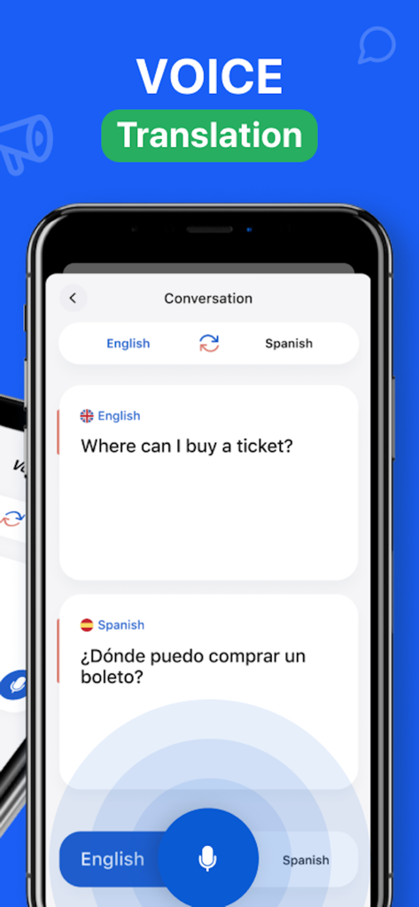 Interfaccia dell'app Voicelator che mostra la traduzione vocale tra inglese e spagnolo per una conversazione di viaggio.