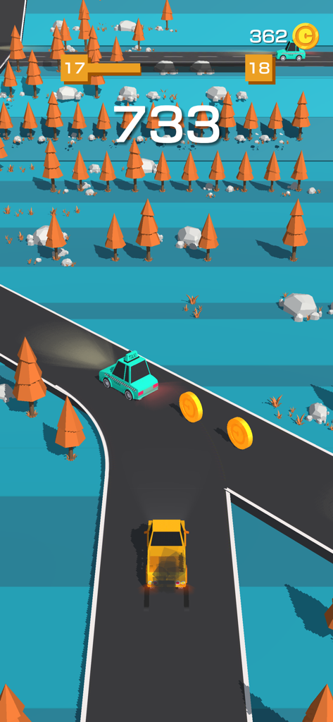 Gameplay di Traffic Run che mostra un'auto gialla a un incrocio con un taxi e monete.
