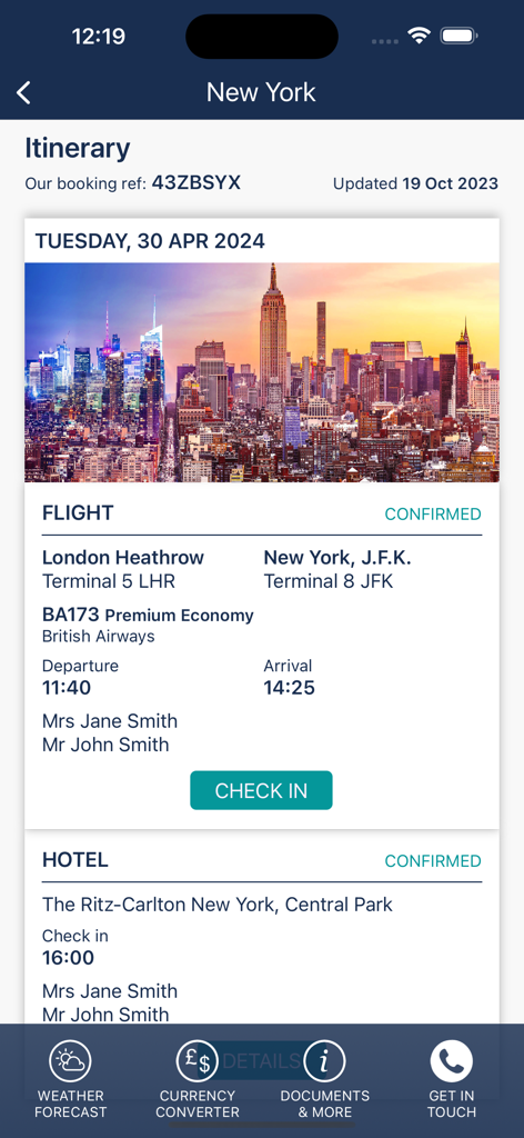Supertravel app interface showing a travel itinerary for New York with flight and hotel booking details.