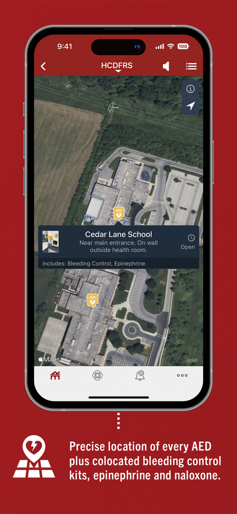PulsePoint Respond - A satellite map view in the PulsePoint Respond app showing the precise location of an AED and medical kits at a school.