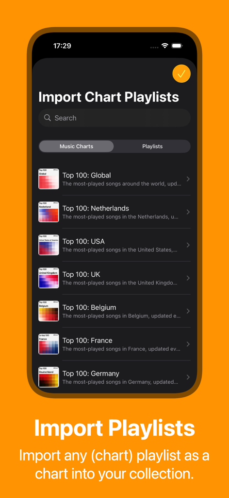 Chart Your Music - Interface showing options to import top 100 global music charts and playlists into the app