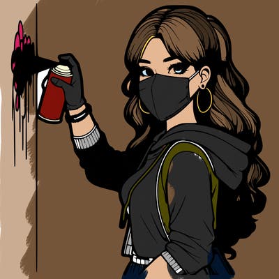 realistic girl with mask spray painting a wall
