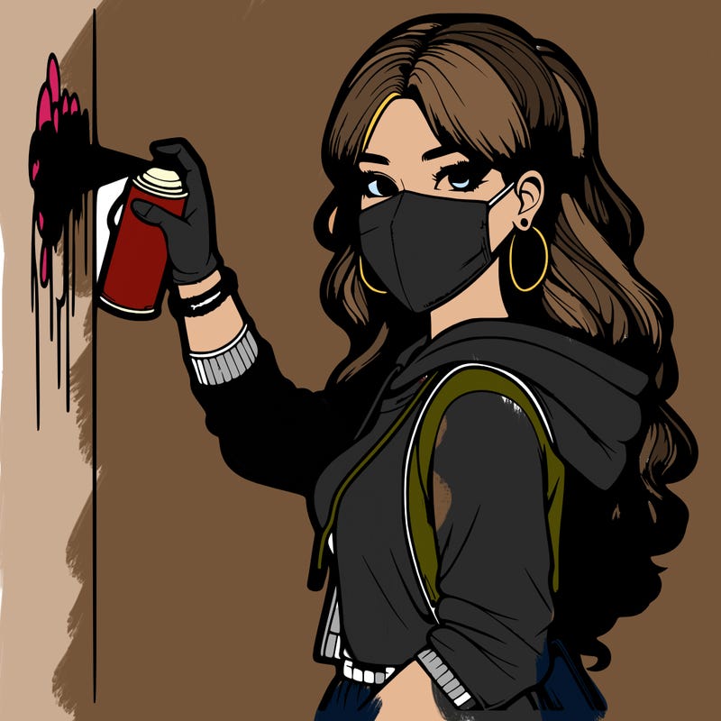 realistic girl with mask spray painting a wall