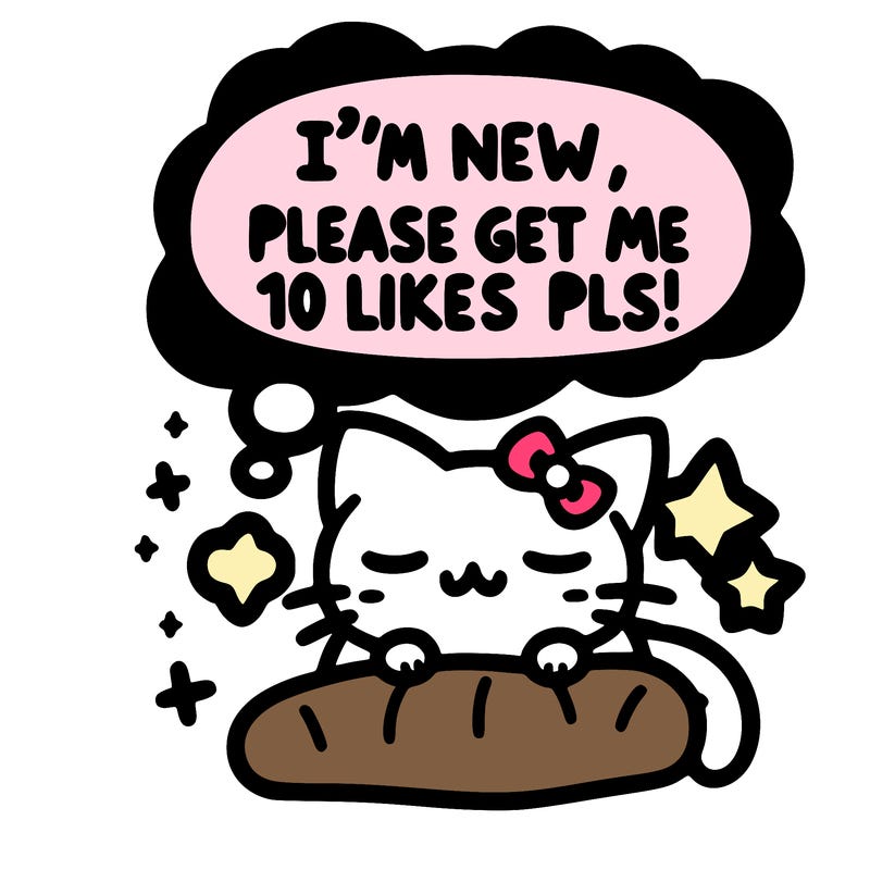 kitty taking a nap dream talking and saying "i'm new, please get me at least 10 likes pls!!"