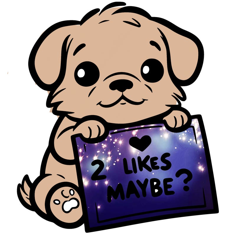 a puppy holding a sign that says 2 likes maybe?