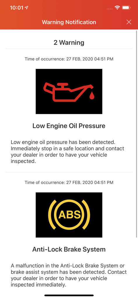ZEED T-Connect - Interface do aplicativo ZEED T-Connect mostrando notificações de aviso do veículo para baixa pressão de óleo do motor e mau funcionamento do sistema de freios antibloqueio