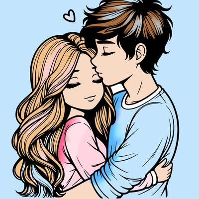 a realistic couple boy and girl hugging and kissing