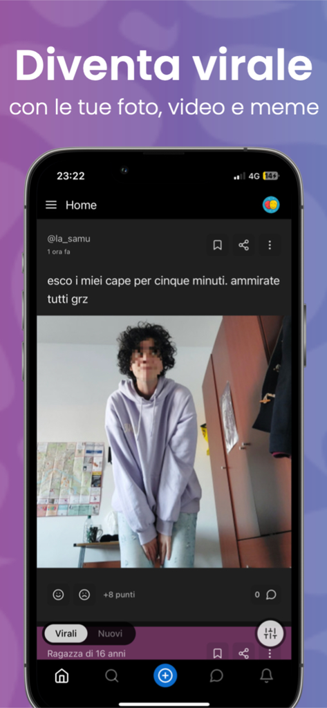 insegreto - Une capture d'écran de l'application mobile Insegreto montrant un post social viral avec une photo et du texte.