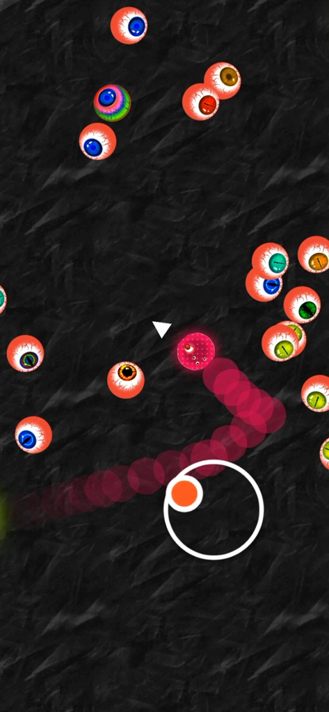 Alien Blob io - Action gameplay of Alien Blob io featuring a red blob character and colorful eyeball skins on a dark background
