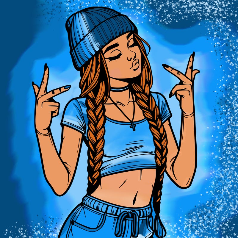 realistic teenage girl with braids and a beanie and crop top doing 🫶🏼