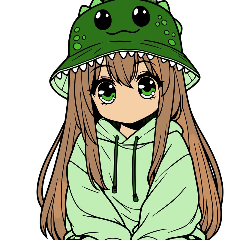 girl with anime shaped eyes with a dinosaur bucket hat oversized sweatshirt long straight hair