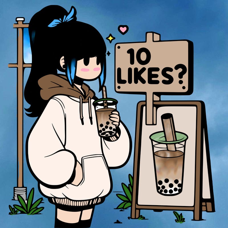 girl with oversized hoodie drinking boba and she has a high ponytail with a sign that says 10likes?