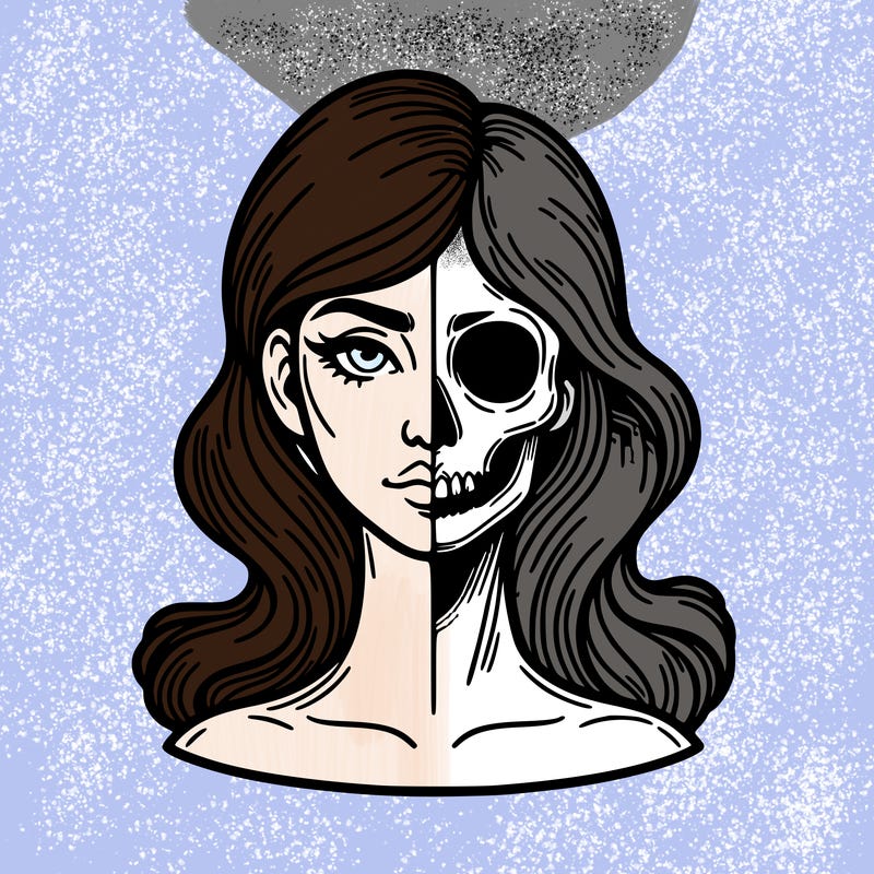 bust of a woman, half face and hair, half skull