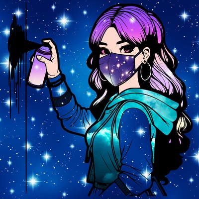 realistic girl with mask spray painting a wall