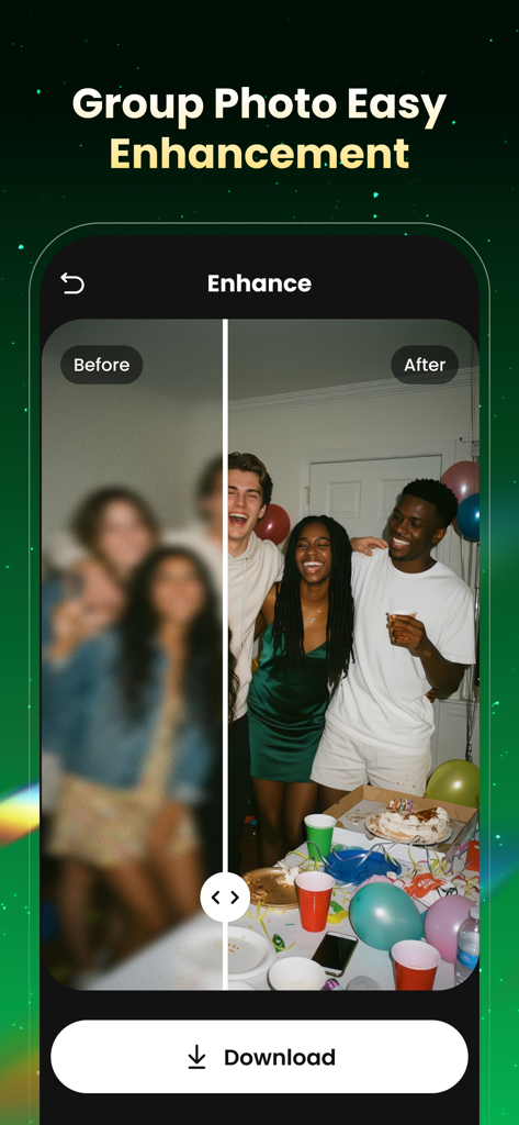 Before and after comparison of a blurry group photo being sharpened and enhanced by AI