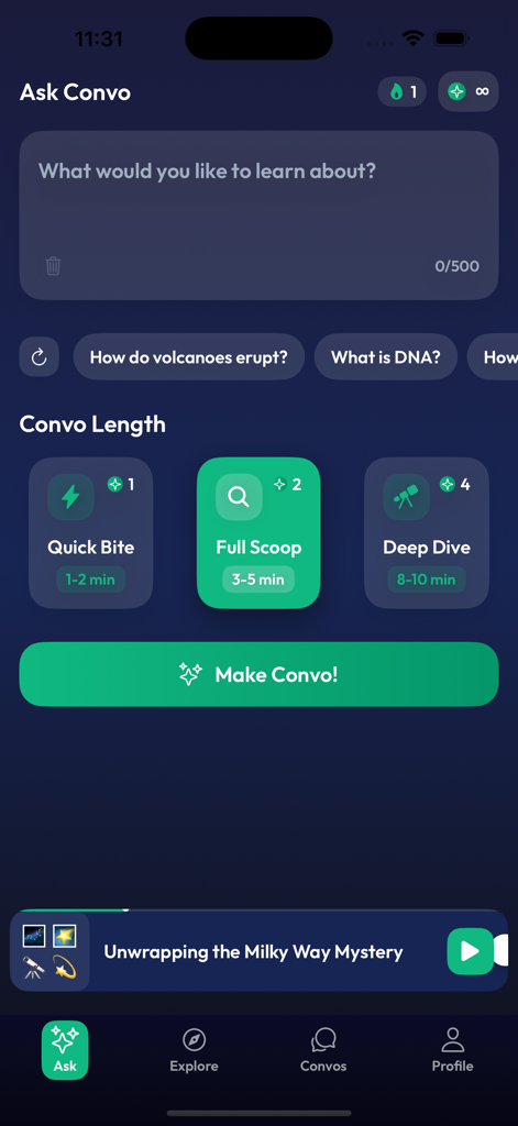 Convo AI - Learn Anything - User interface of Convo AI app showing the Ask screen to generate personalized podcasts based on topics and length