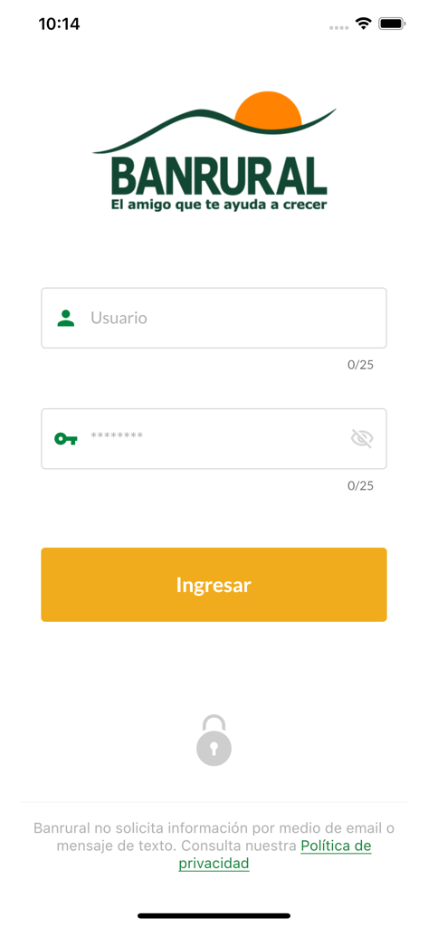 Código Banrural - Login interface for the Codigo Banrural mobile banking security app