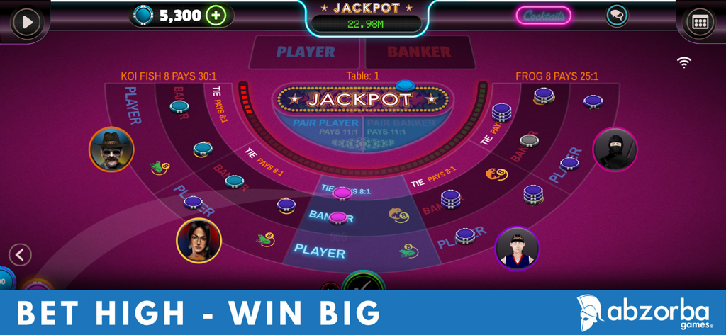 Pantalla de juego multijugador de Baccarat Live que muestra una mesa de apuestas virtual con avatares de jugadores y recompensas de jackpot.