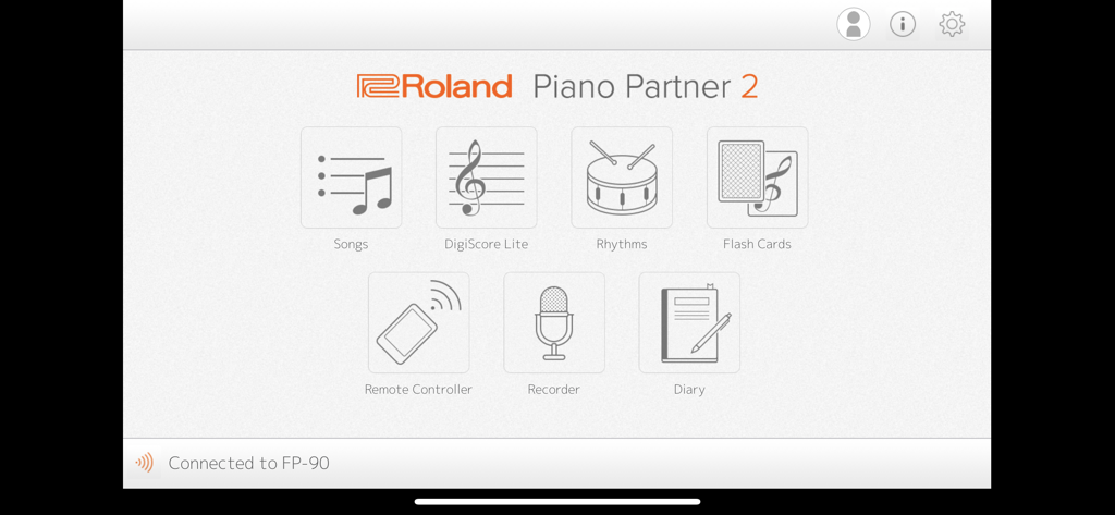 The main menu of the Roland Piano Partner 2 app showing icons for Songs, DigiScore Lite, Rhythms, Flash Cards, Remote Controller, Recorder, and Diary.