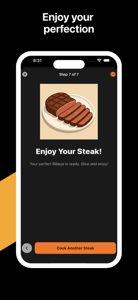 High-Steaks - Schermata dell'app High-Steaks che mostra una costata perfettamente cotta su un piatto con un messaggio che dice che la bistecca è pronta.