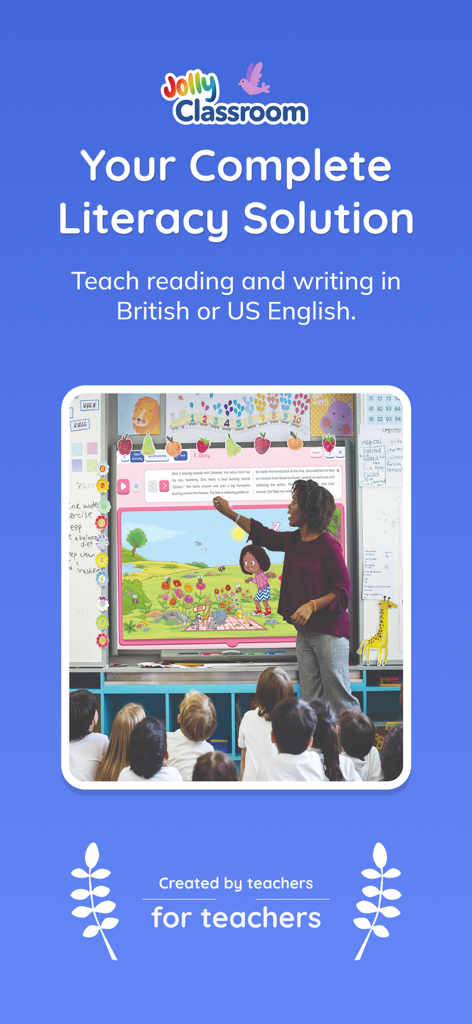 Jolly Classroom: Teach Phonics - A teacher leading a phonics and literacy lesson using Jolly Classroom on an interactive board
