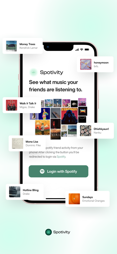 Spotivity-Mobil-App-Bildschirm, der die Höraktivität von Spotify-Freunden und eine Anmeldeschaltfläche anzeigt.