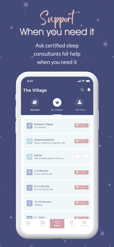 Little Ones™ - Little Ones app interface showing the Village community and expert sleep consultant support