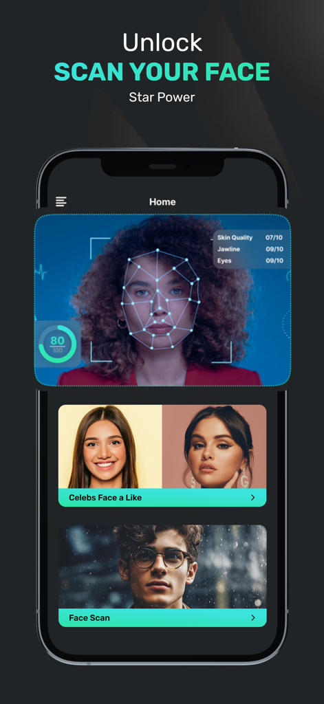 Celebrity Face Alike Rater - Celebrity Face Alike Rater app interface showing AI facial scan results and celebrity comparison menu