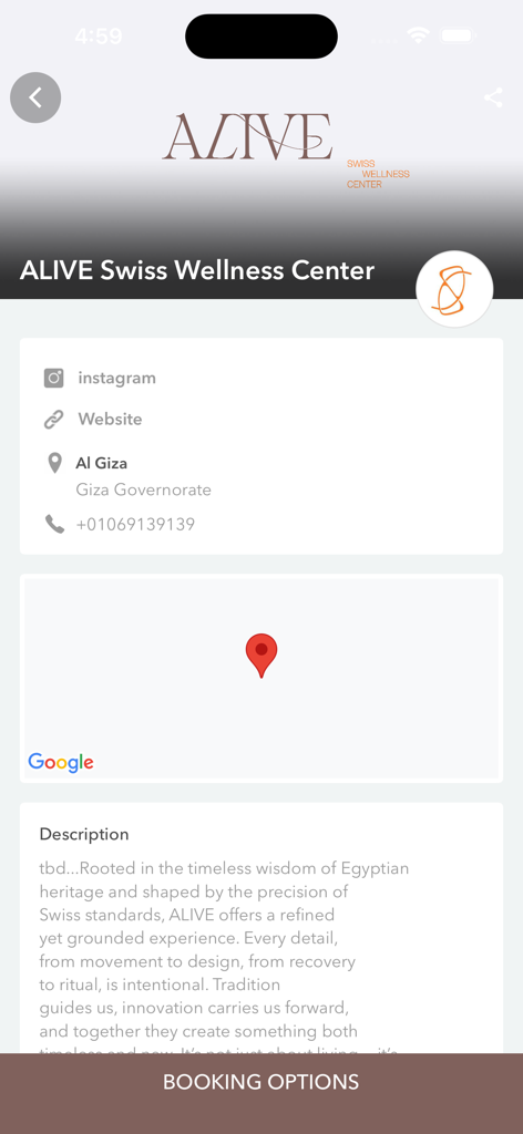 ALIVE - 지도 및 연락처 정보를 포함한 ALIVE 피트니스 앱의 스튜디오 위치 세부 정보 페이지