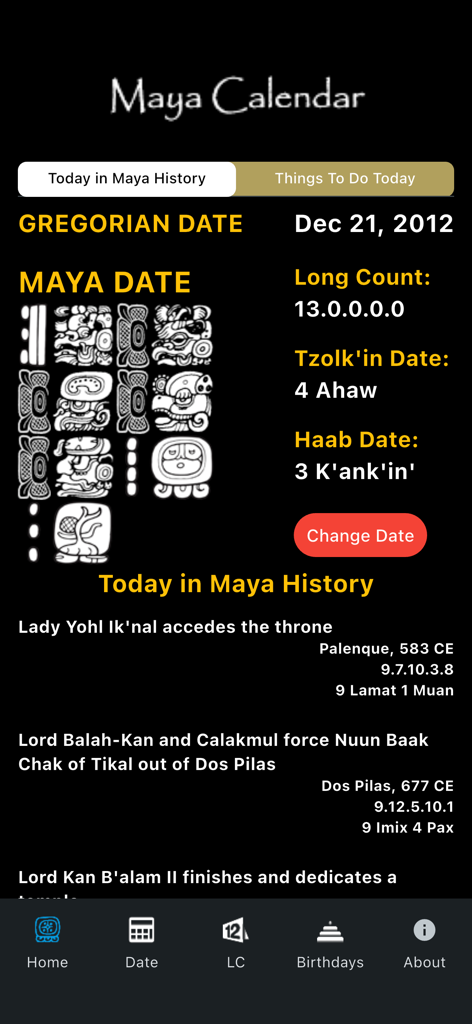 Maya Calendar - Oberfläche der Maya-Kalender-App, die Datumsübersetzungen vom Gregorianischen zum Maya-Kalender mit Hieroglyphen und historischen Fakten zeigt