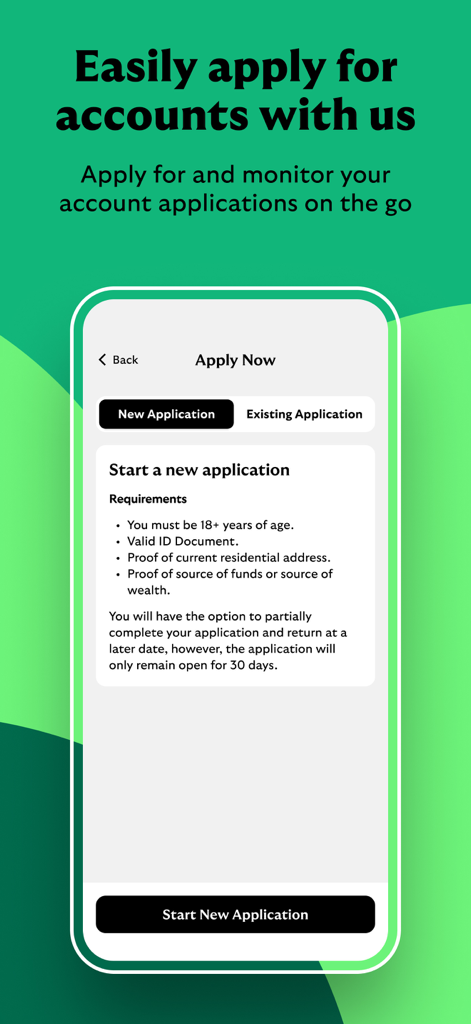 Lloyds Bank International - Lloyds Bank International app screen showing the requirements and process for starting a new bank account application.