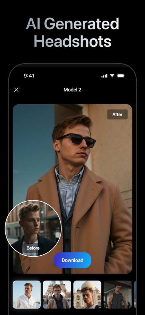 男性のプロフェッショナルAI生成ヘッドショットのビフォーアフター比較。