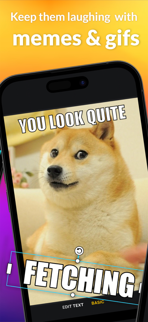 piZap: Design & Edit Photos - Interfaz del creador de memes de la aplicación piZap que muestra un meme de doge con texto personalizado.