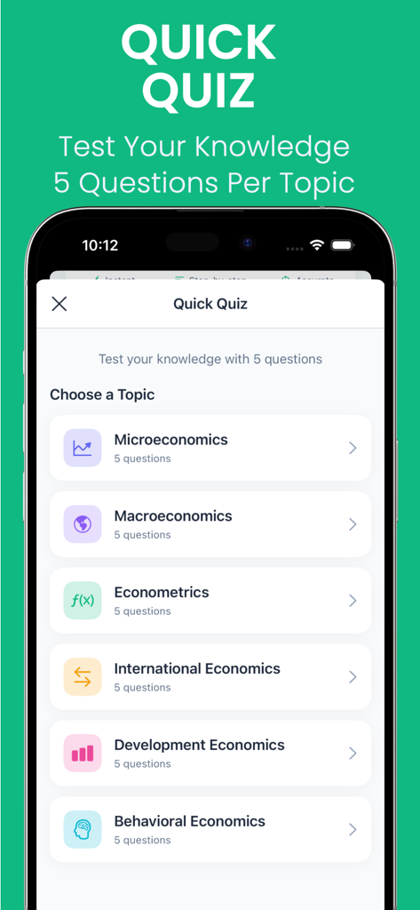 Economics AI: Homework Helper - Economics AI app Quick Quiz screen showing various economics topics for knowledge testing
