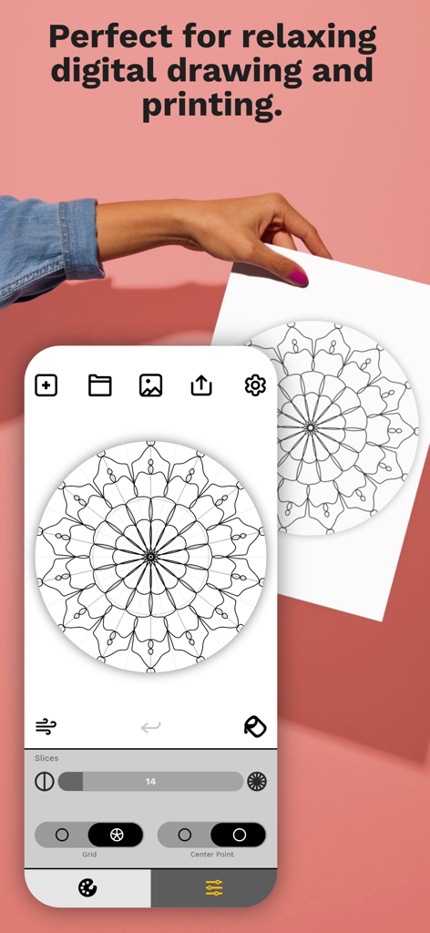 Make it Mandala app interface on a smartphone screen showing a digital mandala and a printed version held by a hand.