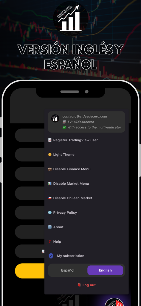 ATdesdecero - Stocks & Options - Mobile interface of the ATdesdecero trading app showing the settings menu with a toggle for English and Spanish languages.