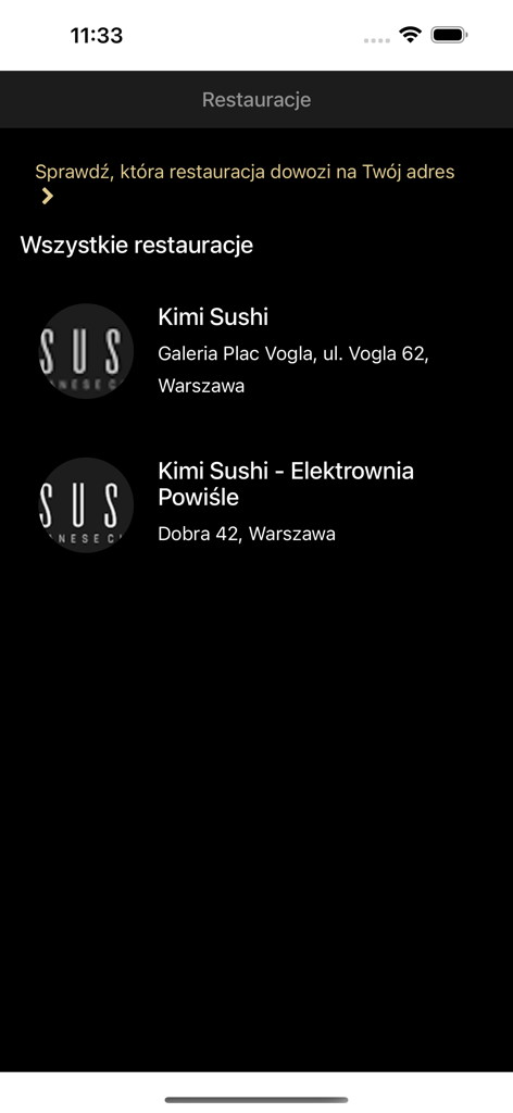 Kimi Sushi - Kimi Sushi mobile app interface showing a list of restaurant locations in Warsaw