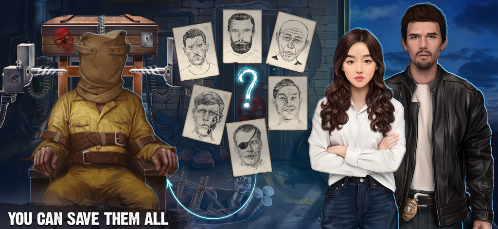 Journalist Anna Lee and officer Alex Marshall standing in front of investigation sketches and a trapped victim.