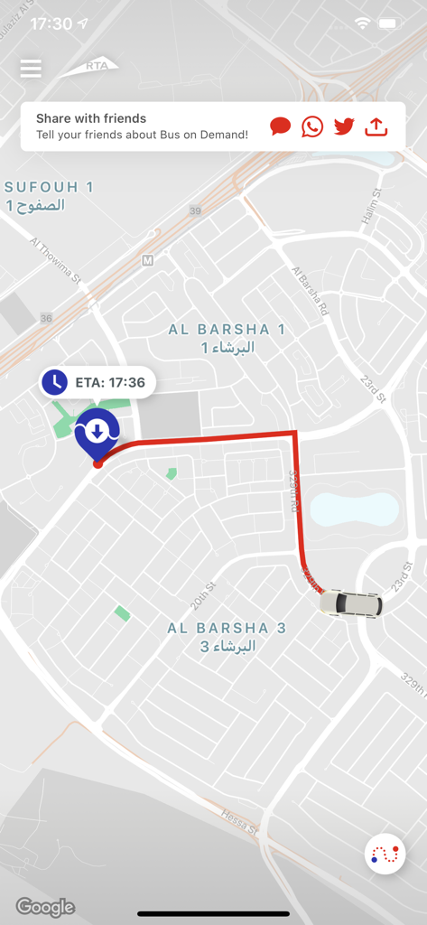 Real-time vehicle tracking and route map on the Dubai Bus on Demand app