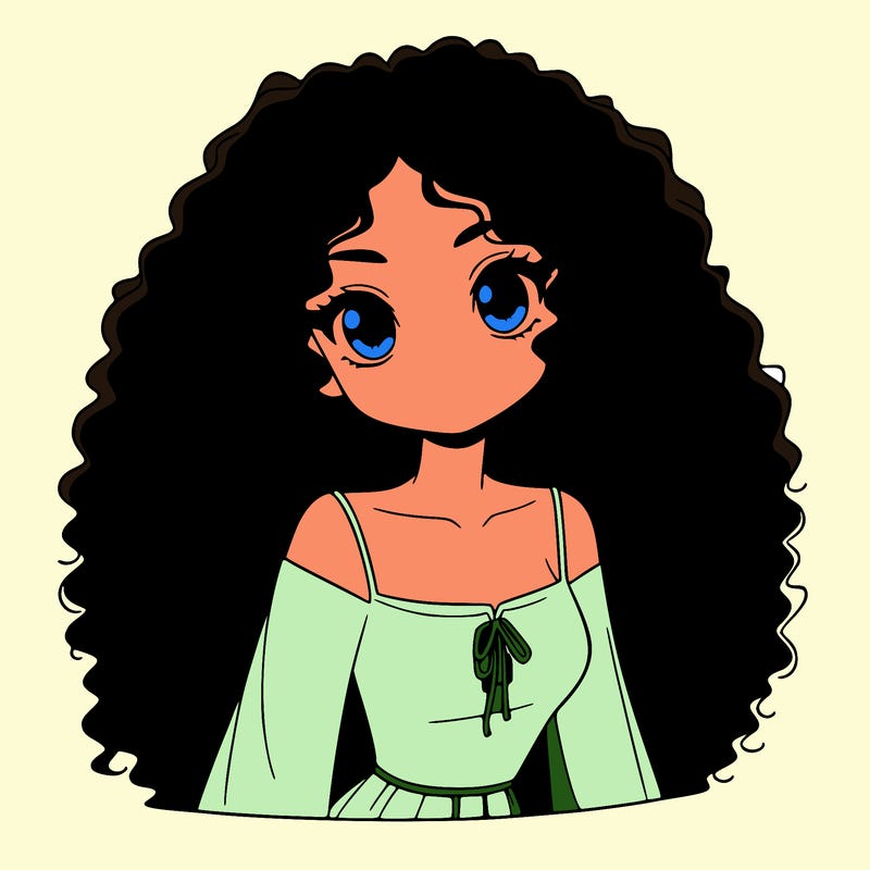 a black anime girl with long afro hair