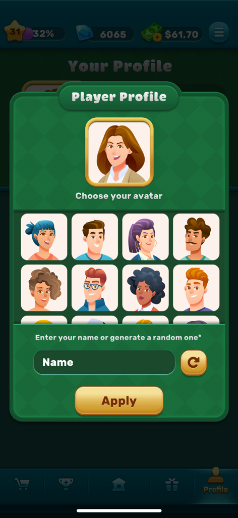 EasyWin: Solitaire & Real cash - Tela de seleção de avatar e configuração de perfil no EasyWin Solitaire