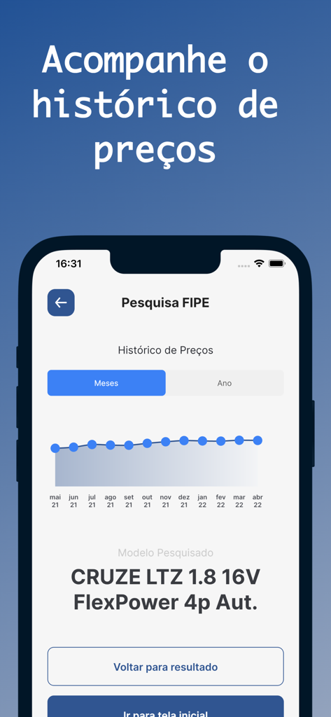 Tabela FIPE: Consultar Veículo - Price history graph for a vehicle in the Tabela FIPE app