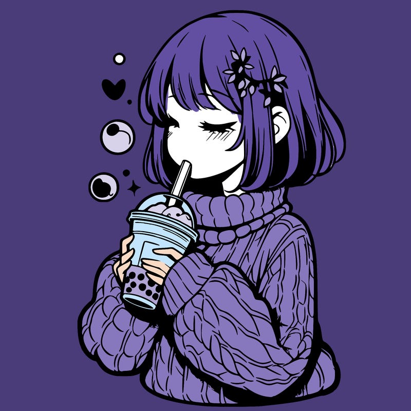 manga girl drinking boba in cozy sweater