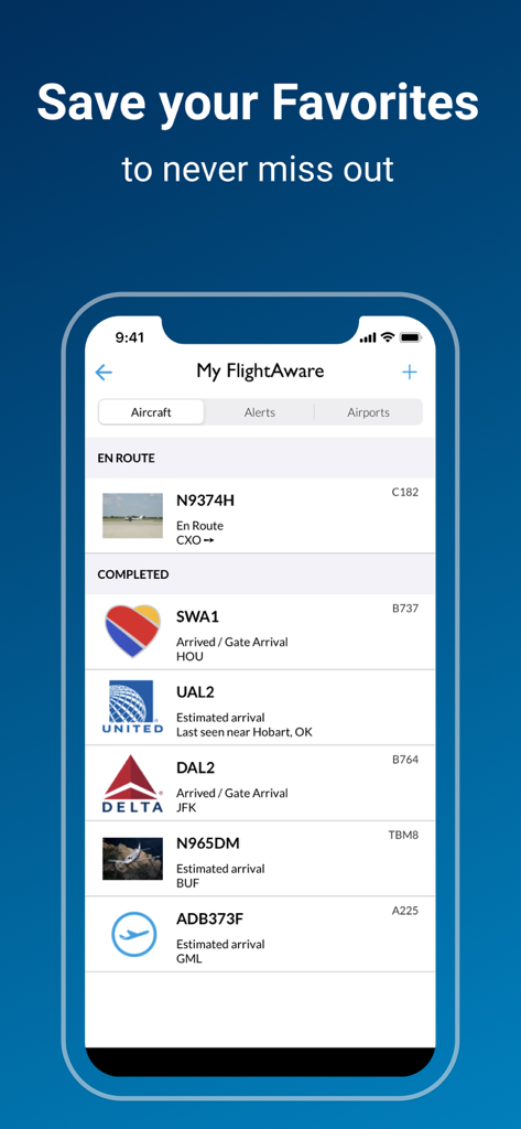 FlightAware Flight Tracker - FlightAware app favorites screen displaying tracked aircraft and flight status